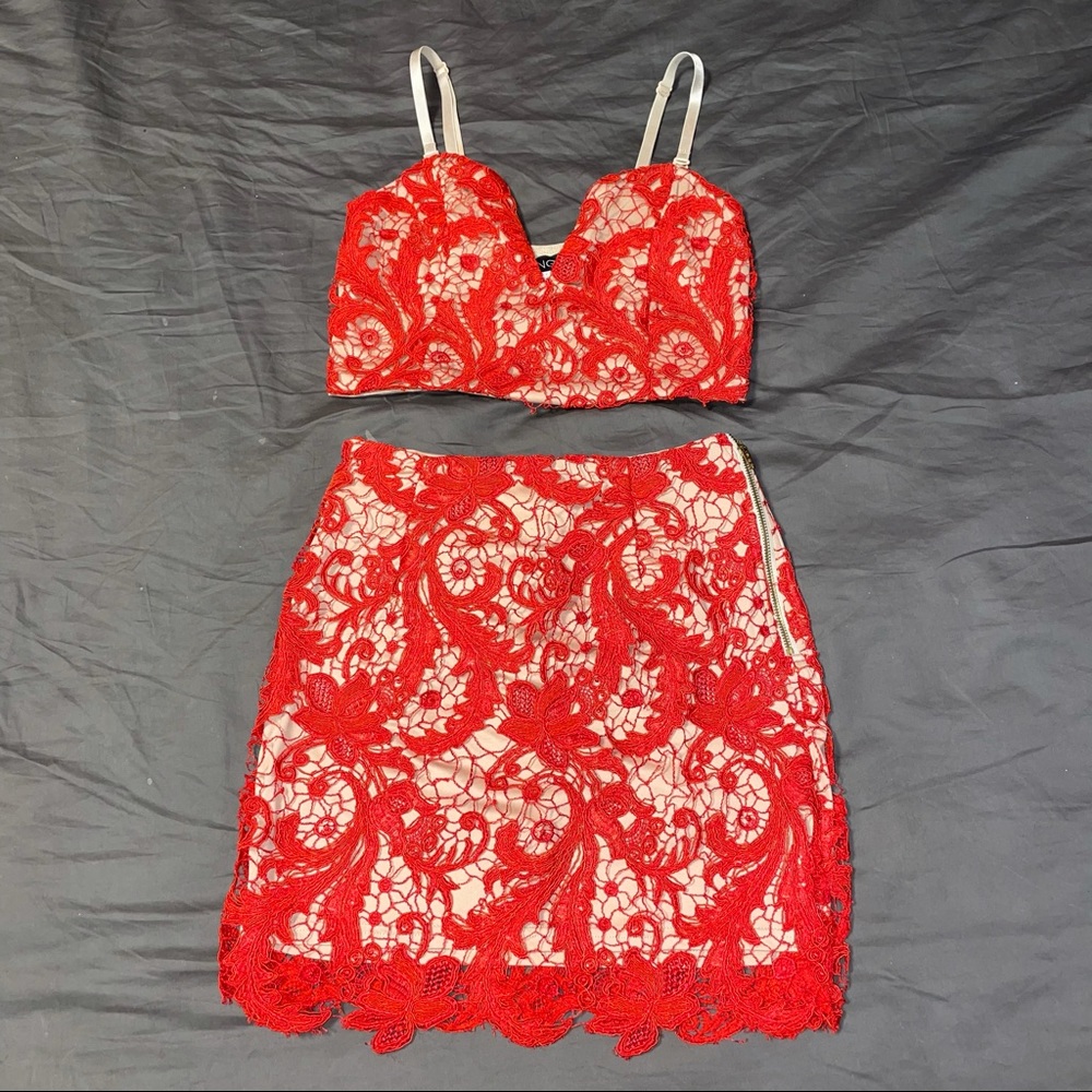 ANGL Red Lace Top and Skirt Set